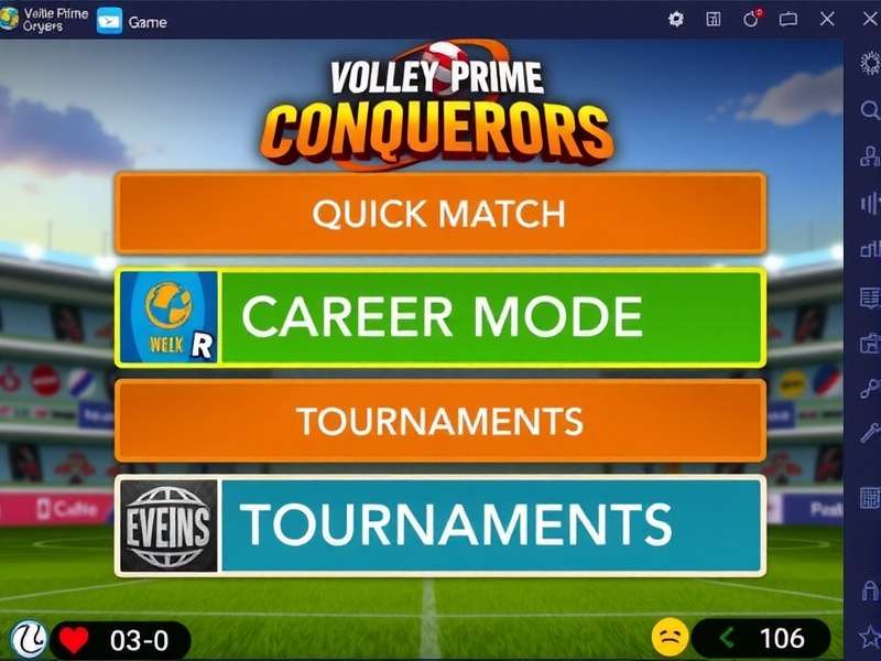 Volley Prime Conquerors Game Modes Volley Prime Conquerors game modes screen showing Quick Match, Career Mode, and Tournaments